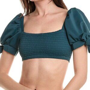 Agua Bendita 'Eileen Fera' Smocked Bikini Swimsuit Top, Dark Teal